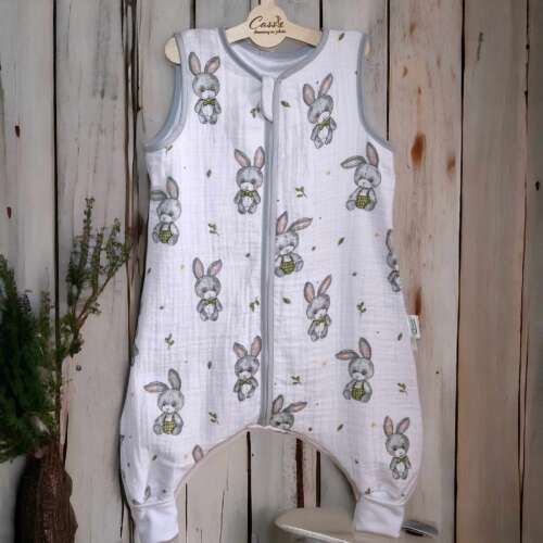 Muślinowy Śpiworek z nogawkami -wzór- Króliczki Popielate