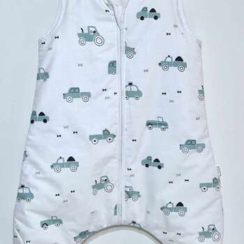 Śpiworek z nogawkami wzór-Autka Oliwkowe