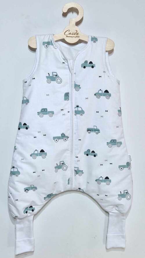 Śpiworek z nogawkami wzór-Autka Oliwkowe