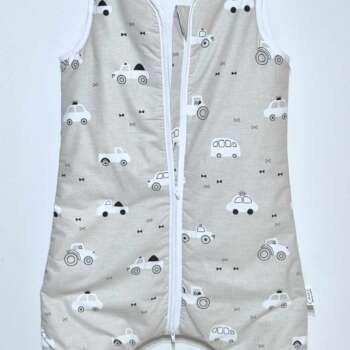 Śpiworek z nogawkami wzór-Autka Beżowe