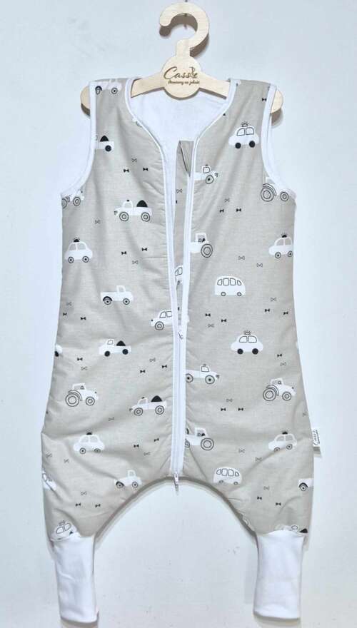 Śpiworek z nogawkami wzór-Autka Beżowe